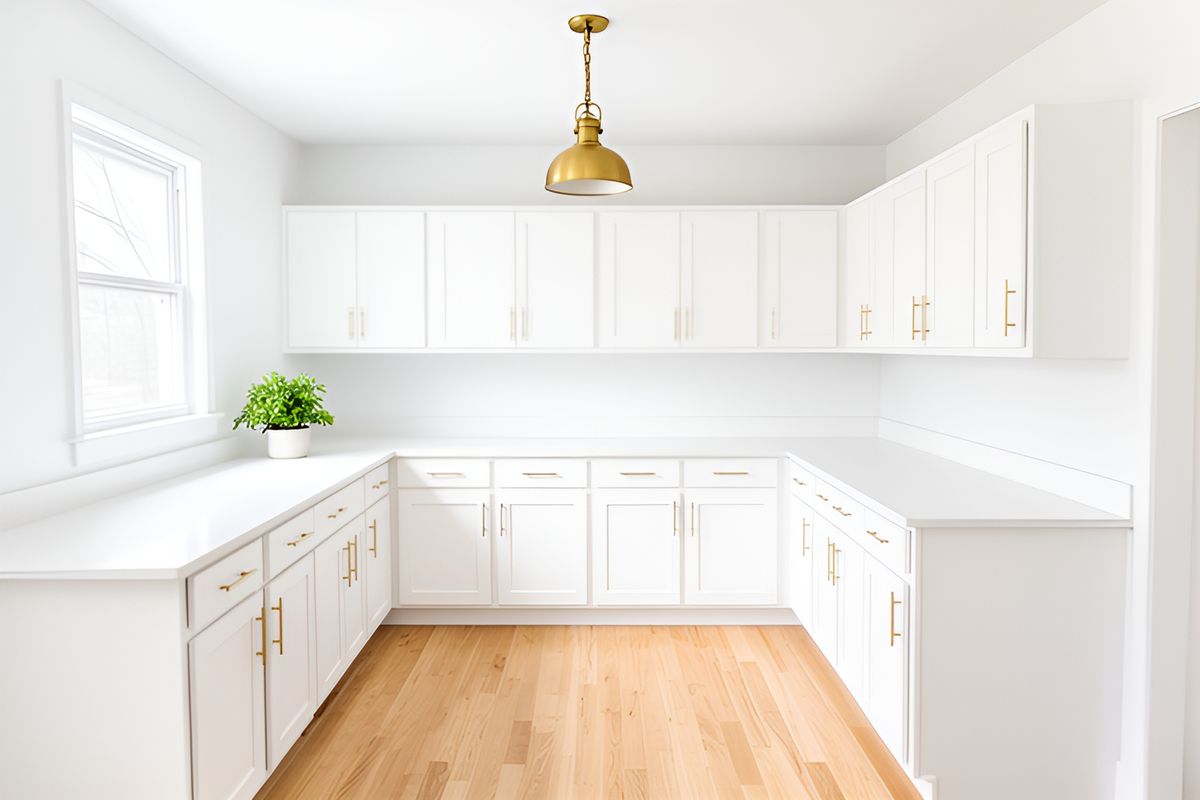 The same kitchen renovated with white cabinets and a wood floor