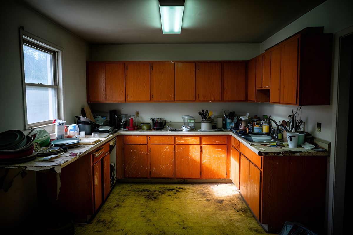 A worn kitchen with orange cabinets and cluttered counters