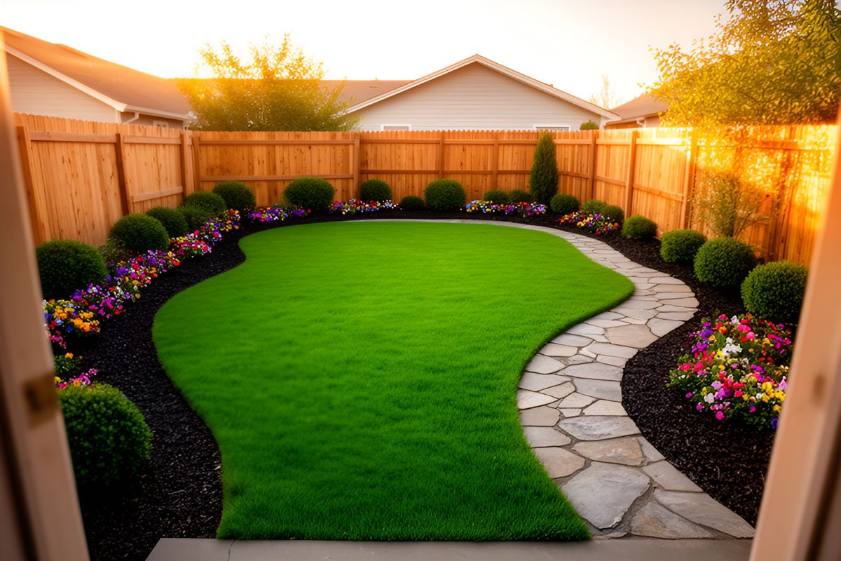 The same backyard landscaped with a green lawn, stone path and flower beds