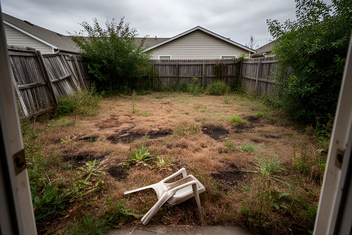An overgrown backyard with dead grass and a broken chair
